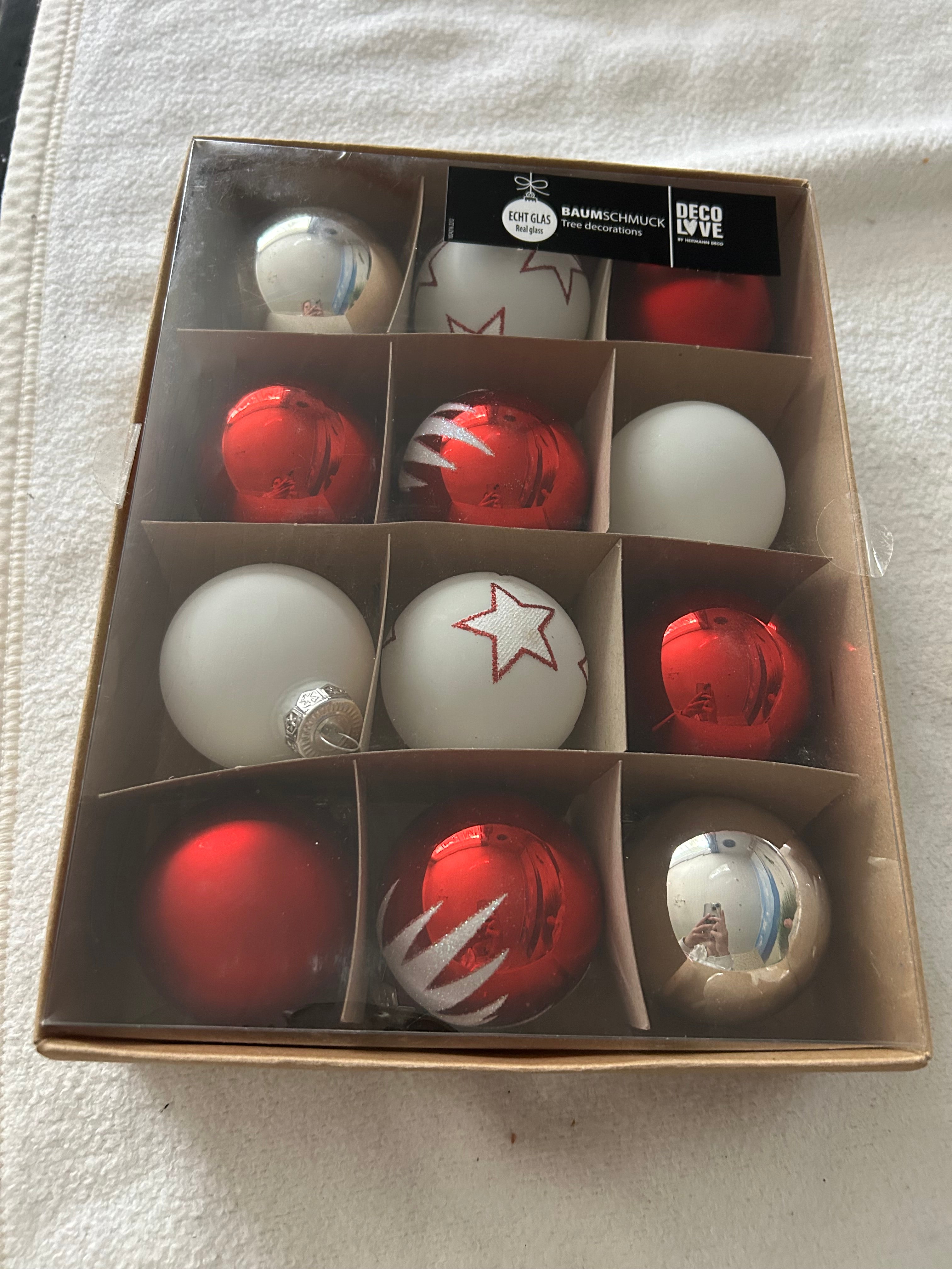 12x Christbaumkugeln Echtglas rot weiß silber